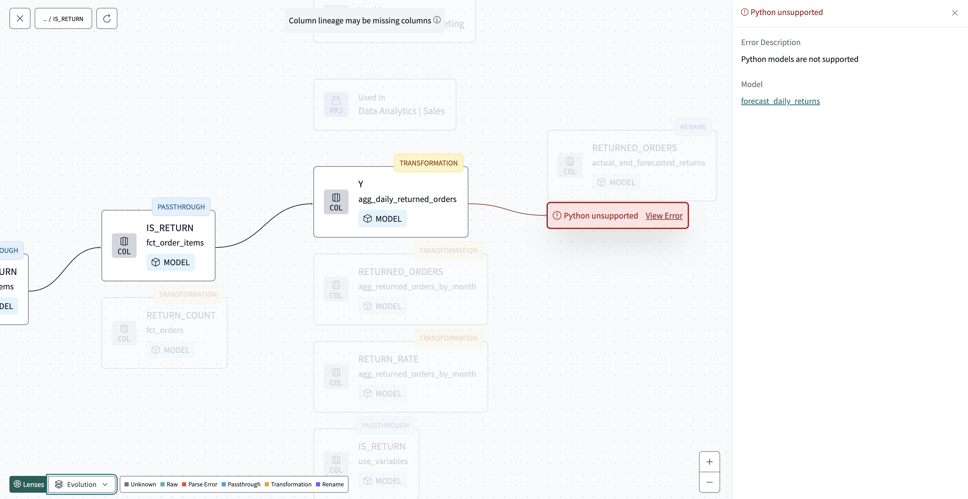 Example of warning in the full lineage graph Example of warning in the full lineage graph