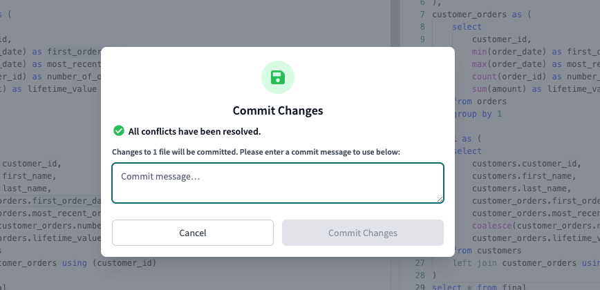 Commit Changes pop up box to commit your changes Commit Changes pop up box to commit your changes